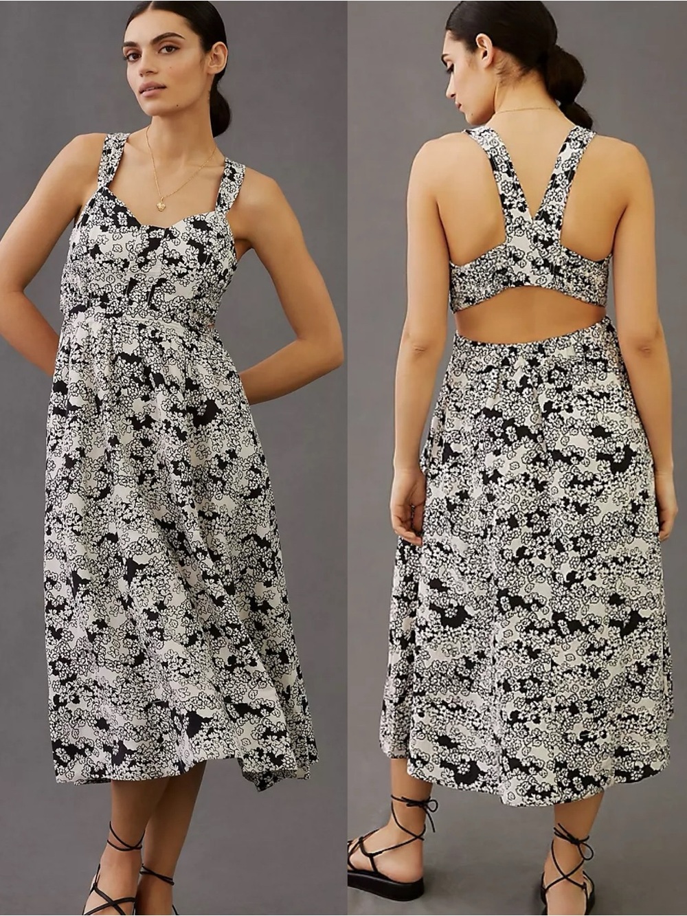 Anthropologie Printed Midi Dress Linen Black White Floral Cutout Open Back NEW
